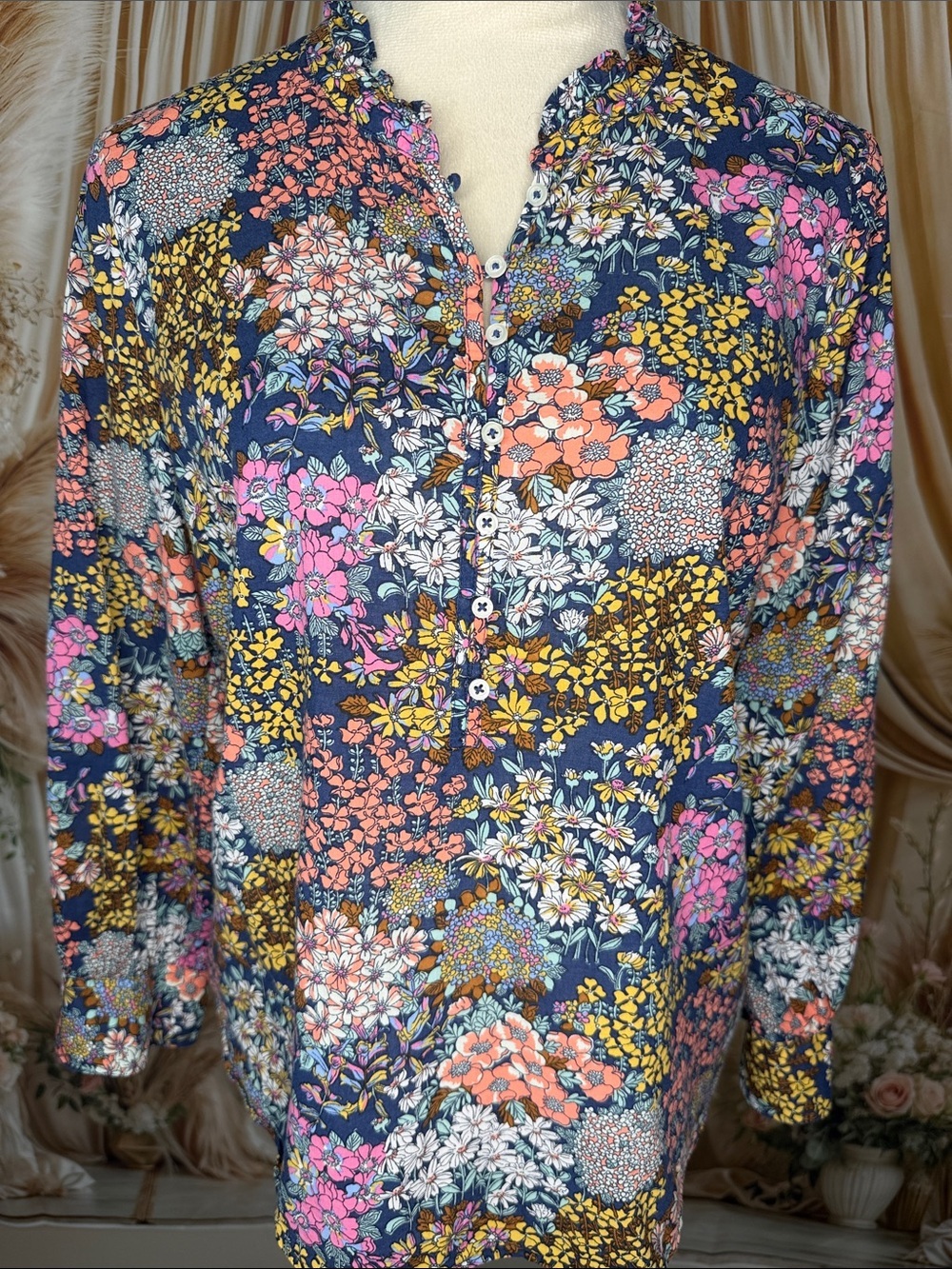Talbots Navy Floral Button-Front Blouse with Pink, Coral & Yellow Accents